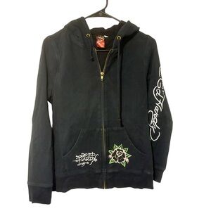 Ed Hardy Black Love Kills Slowly Tattoo Print Full Zip Hooded Sweatshirt Large